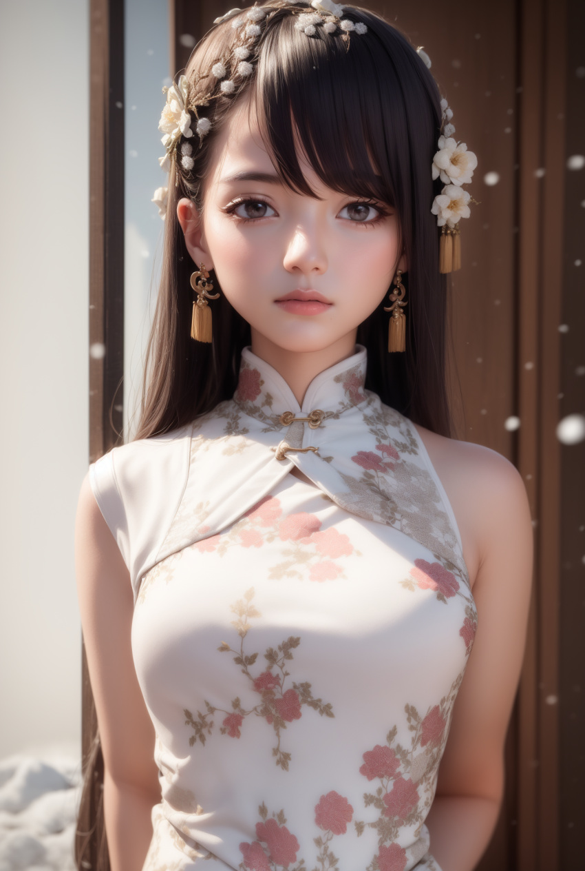 Ai Generated Asian Female Black Hair Chinese Dress Dress Looking At Viewer Medium Breasts 