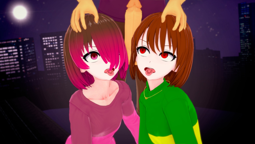 Rule 34 1boy 2girls Artist Request Bete Noire Big Penis Brown Hair Chara Frisk Glitchtale Green 0343